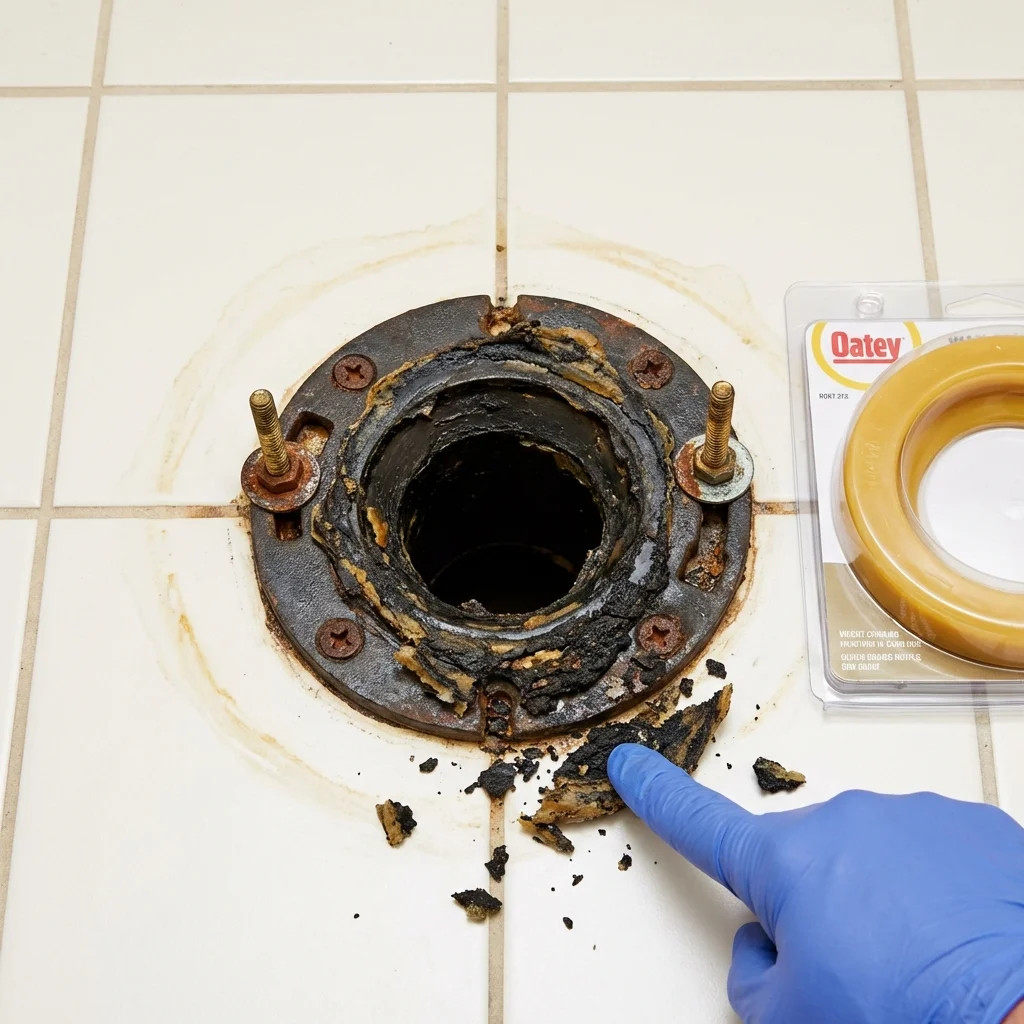 Failed wax ring showing water seepage at the base of a toilet in a Hollis, NY home