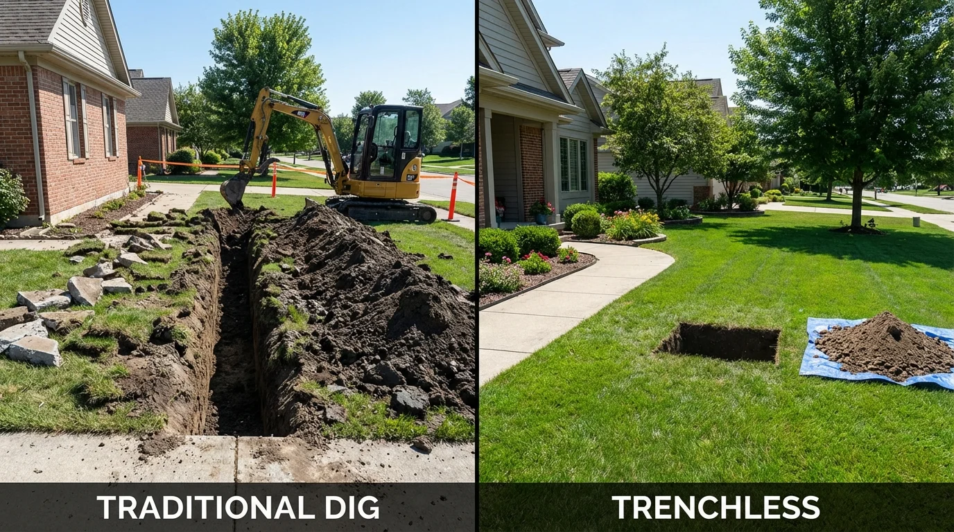 Trenchless sewer repair with minimal yard damage versus traditional excavation in Hollis, NY
