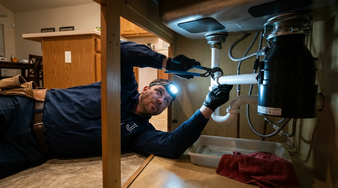P-trap and supply line connections under a kitchen sink showing a common leak point in Hollis, NY